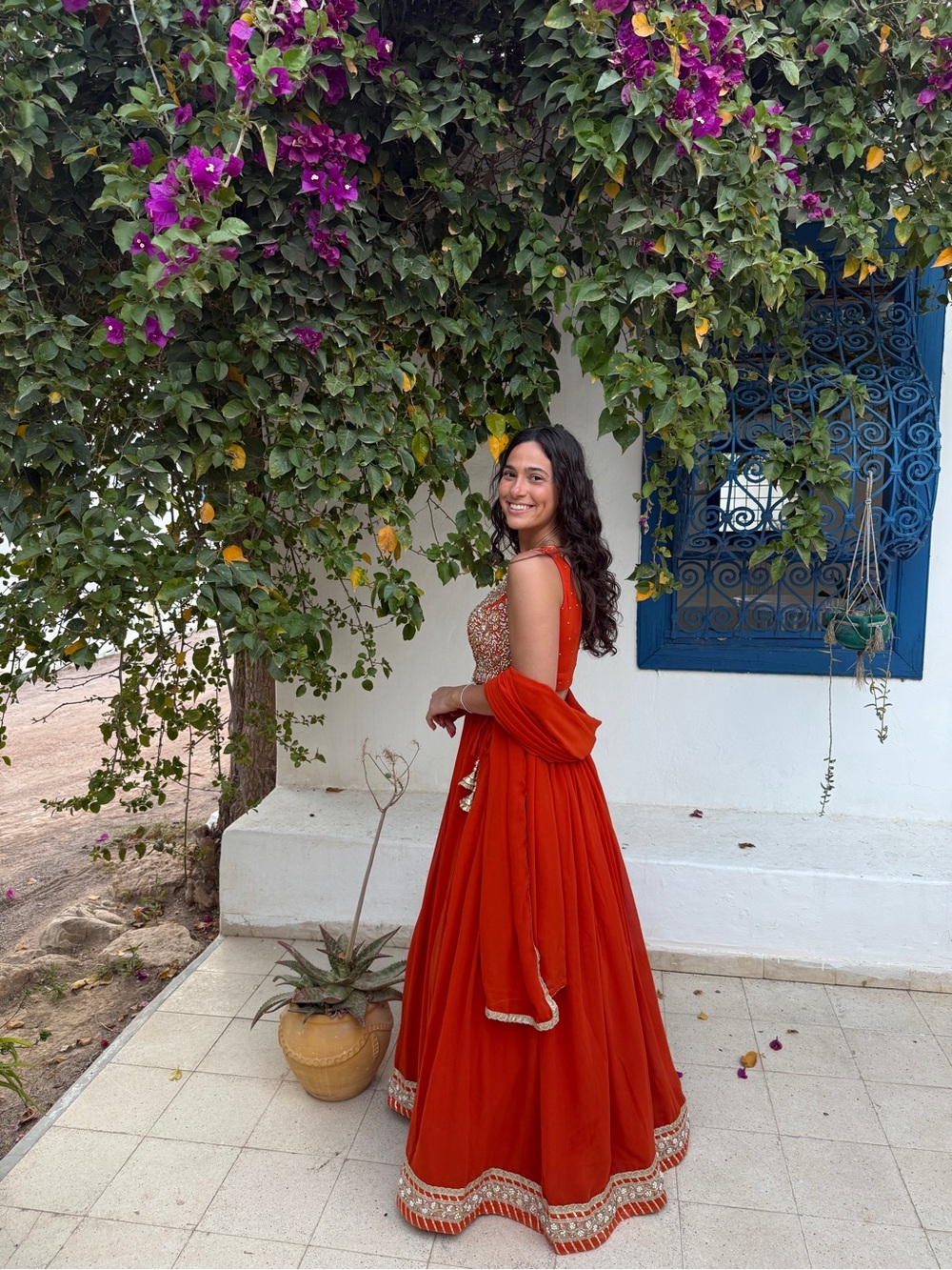 Embroidered Orange Red Anarkali Dress with Dupatta